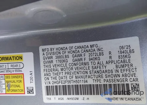 2026 Honda Civic Sport z USA, uszkodzony, nr VIN 2HGFE2F56TH501194